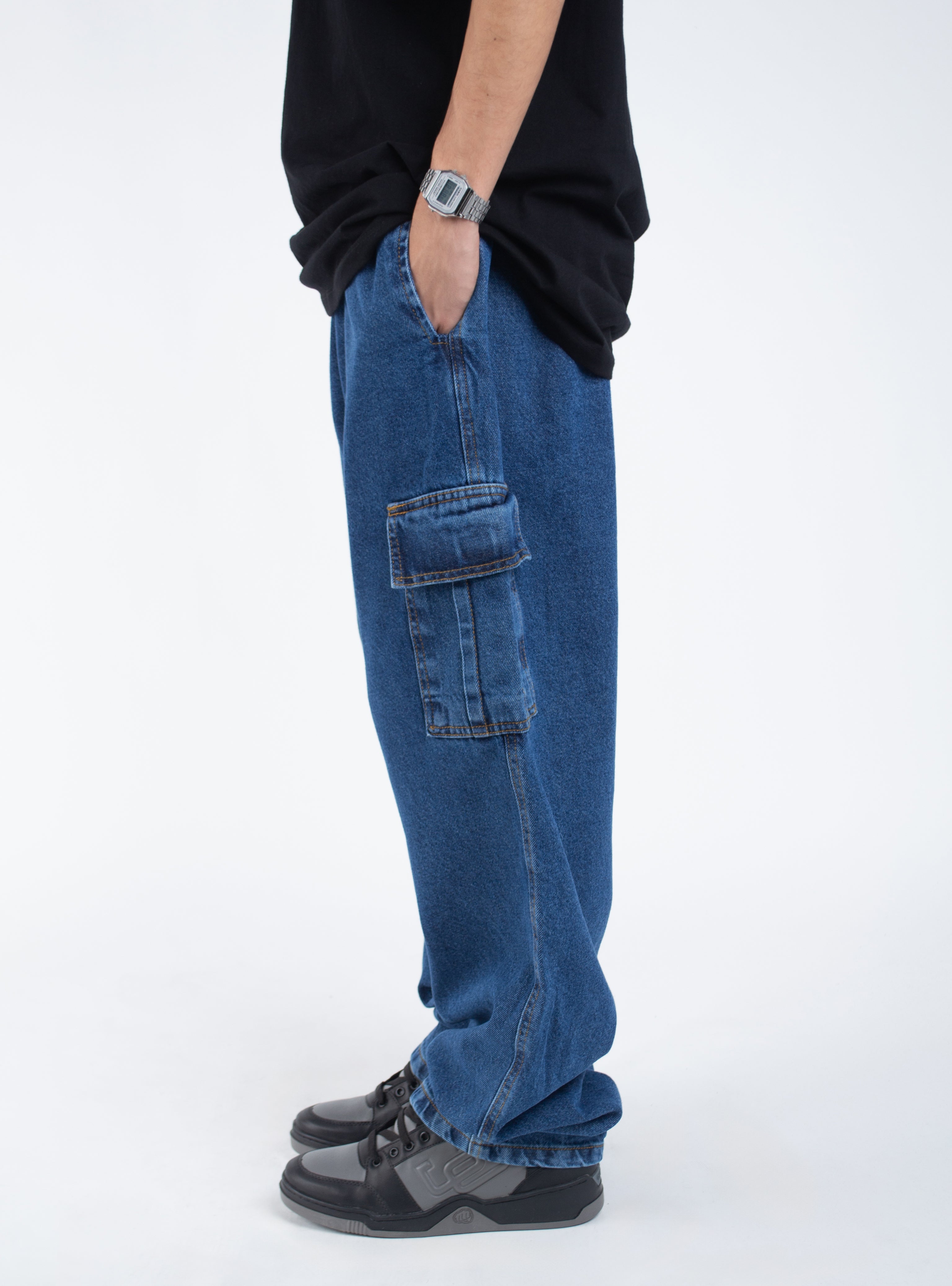 Calça Jeans Cargo Basic Azul Escuro